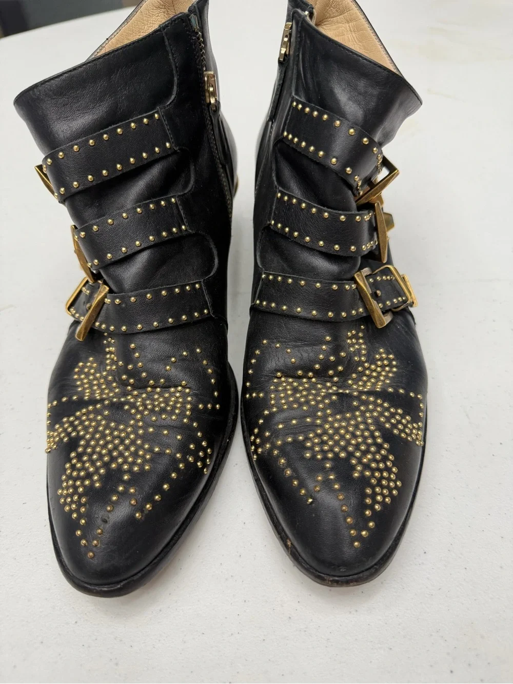 Chloé Susanna Black Studded Leather Ankle Boots Buckle Moto EU 39